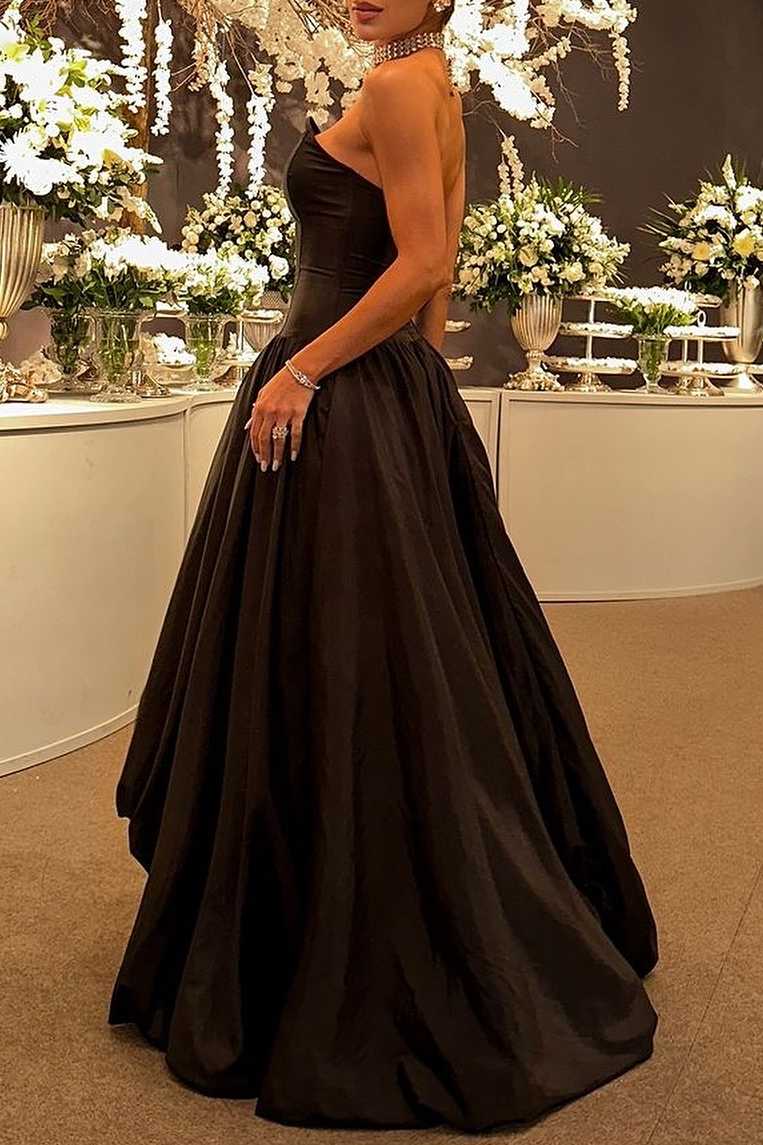 Black Strapless A-Line Empire-Waist Sleeveless Pleated Long Prom Formal Dress