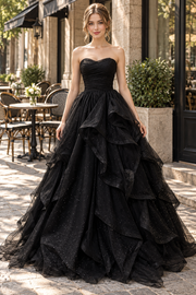 Black Strapless Sweetheart A-Line Ruffles Sleeveless Long Prom Dress