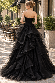 Black Strapless Sweetheart A-Line Ruffles Sleeveless Long Prom Dress