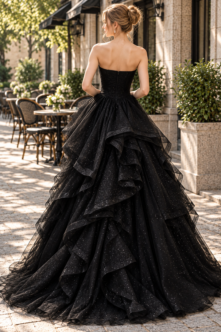 Black Strapless Sweetheart A-Line Ruffles Sleeveless Long Prom Dress