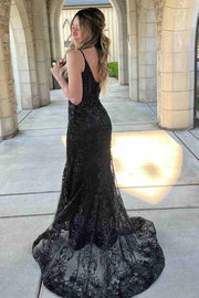 Black Strapless V-Neck Appliques Sleeveless Mermaid Long Prom Dress