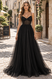 Black V-Neck Tulle Sleeveless Empire-Waist Long Prom Evening Dress with Spaghetti Straps