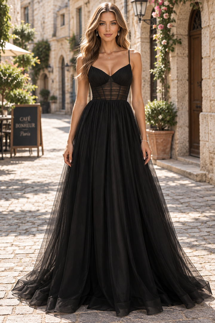 Black V-Neck Tulle Sleeveless Empire-Waist Long Prom Evening Dress with Spaghetti Straps