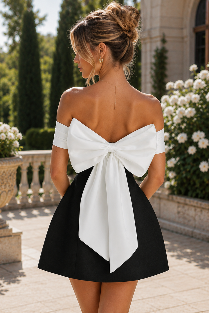 Black White Off Shoulder Homecoming A-Line Mini Dress
