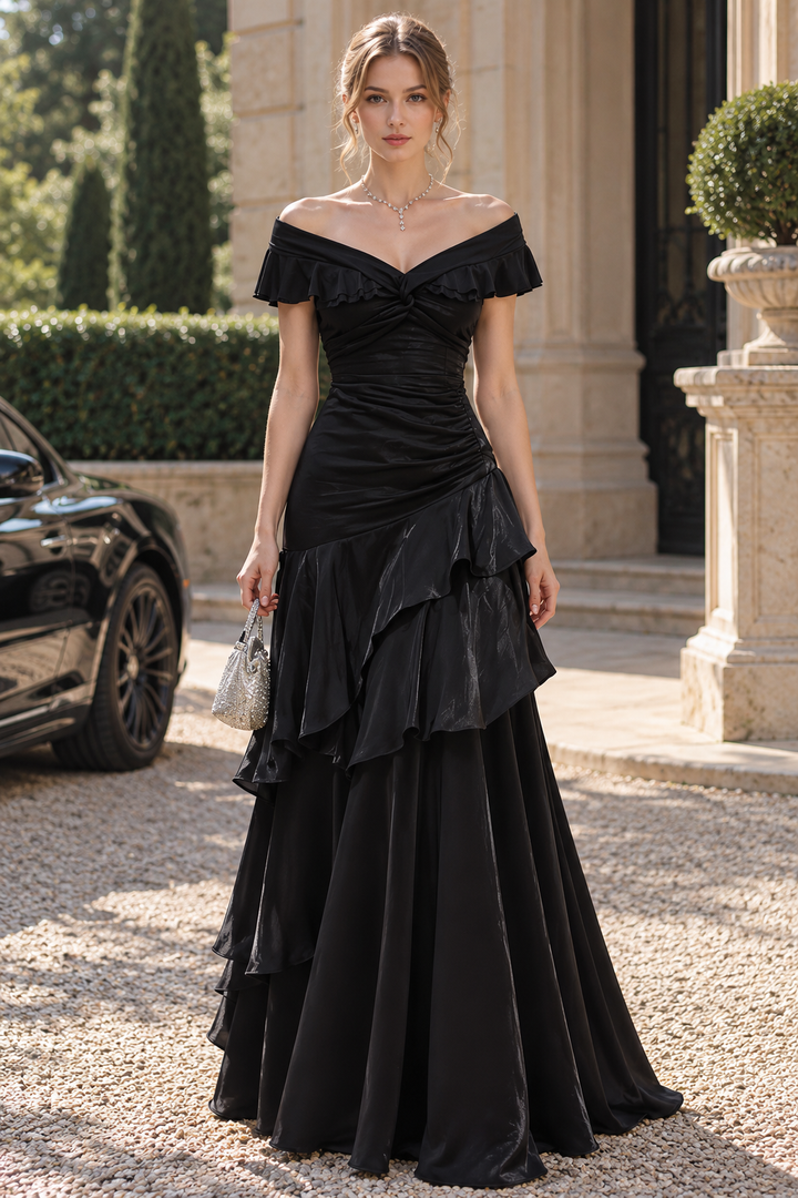 Black A-Line Off-Shoulder V-Neck Ruffles Long Prom Dress