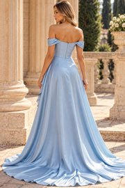 Blue A-Line Off-Shoulder Sweetheart Pleats Satin Long Prom Dress with High Slit