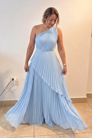 Blue A-Line One Shoulder Pleated Sleeveless Prom Evening Formal Dress