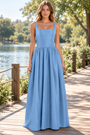 Blue A-Line Square Neck Empire-Waist Pleated Satin Prom Formal Dress