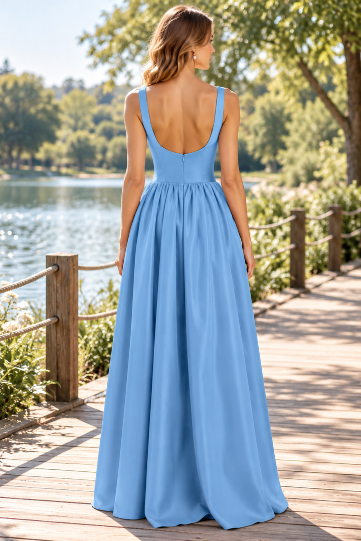 Blue A-Line Square Neck Empire-Waist Pleated Satin Prom Formal Dress
