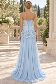 Blue A-Line Strapless 3D Flower Chiffon Pleated Prom Evening Dress