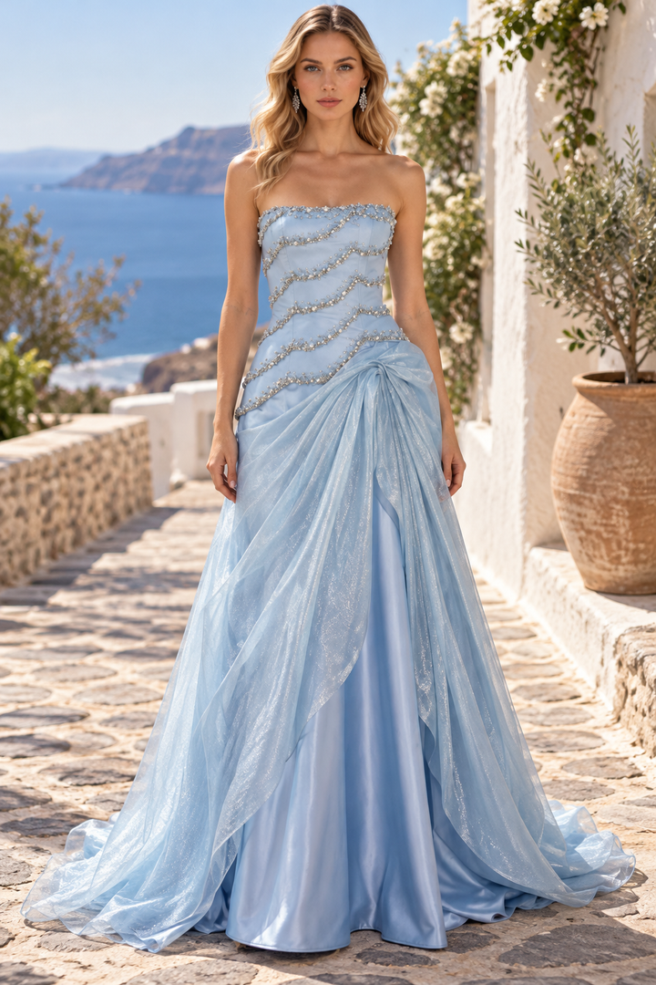 Blue A-Line Strapless Beading Sleeveless Ruched Prom Evening Dress