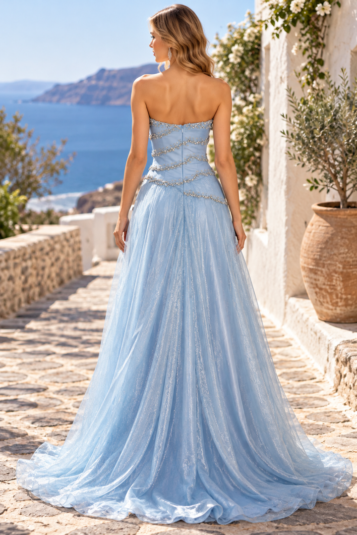 Blue A-Line Strapless Beading Sleeveless Ruched Prom Evening Dress