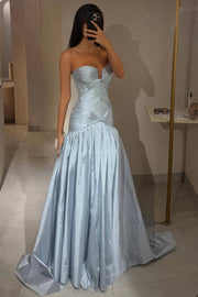 Blue A-Line Strapless Empire-Waist Pleats Sleeveless Long Prom Dress