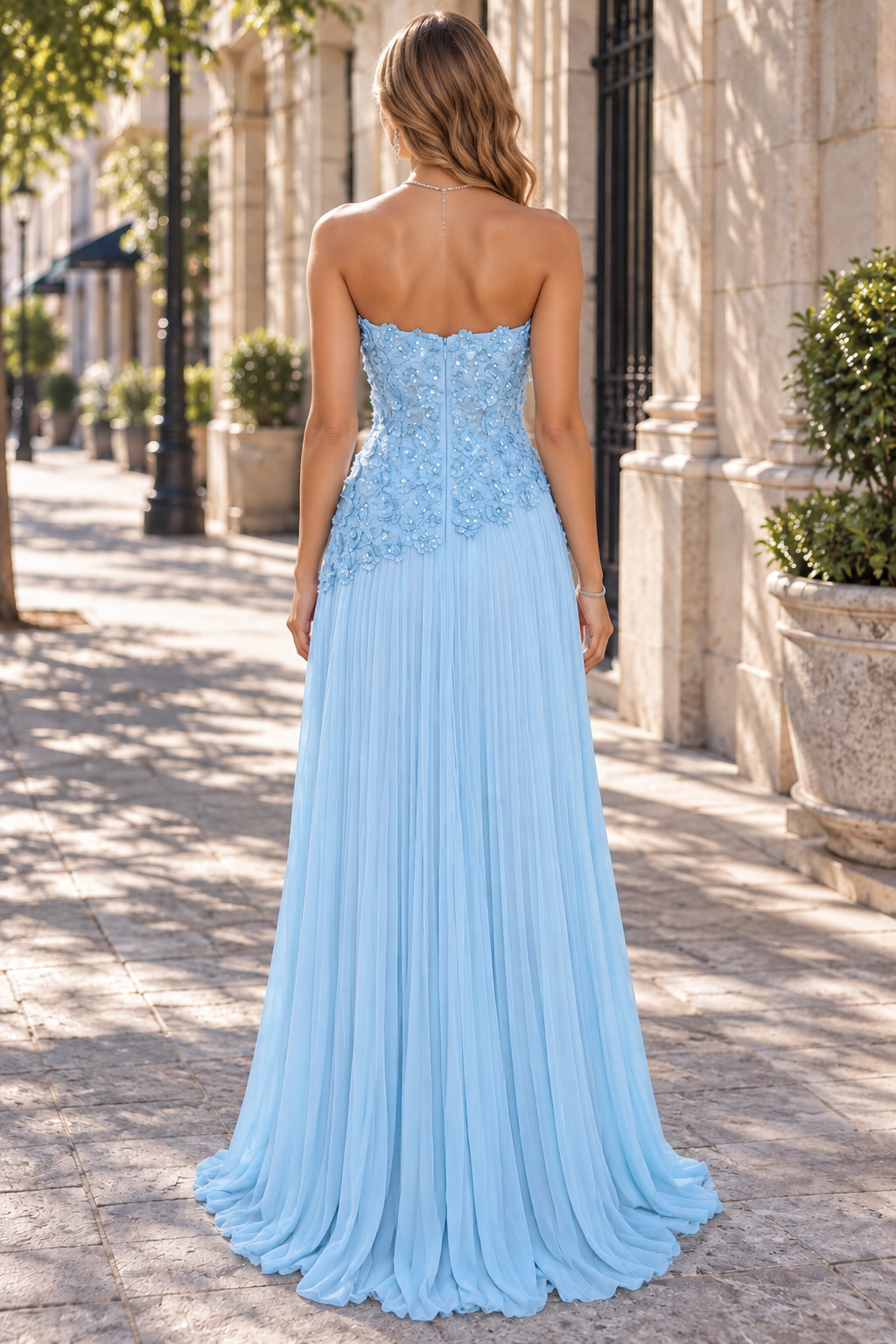 Blue A-Line Strapless Pleated Chiffon Sweetheart Appliques Prom Dress with Slit
