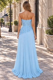 Blue A-Line Strapless Pleated Chiffon Sweetheart Appliques Prom Dress with Slit