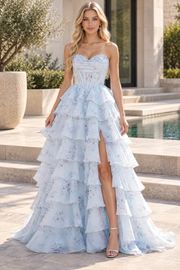 Blue A-Line Strapless Print Tiered Chiffon Long Prom Dress with Slit