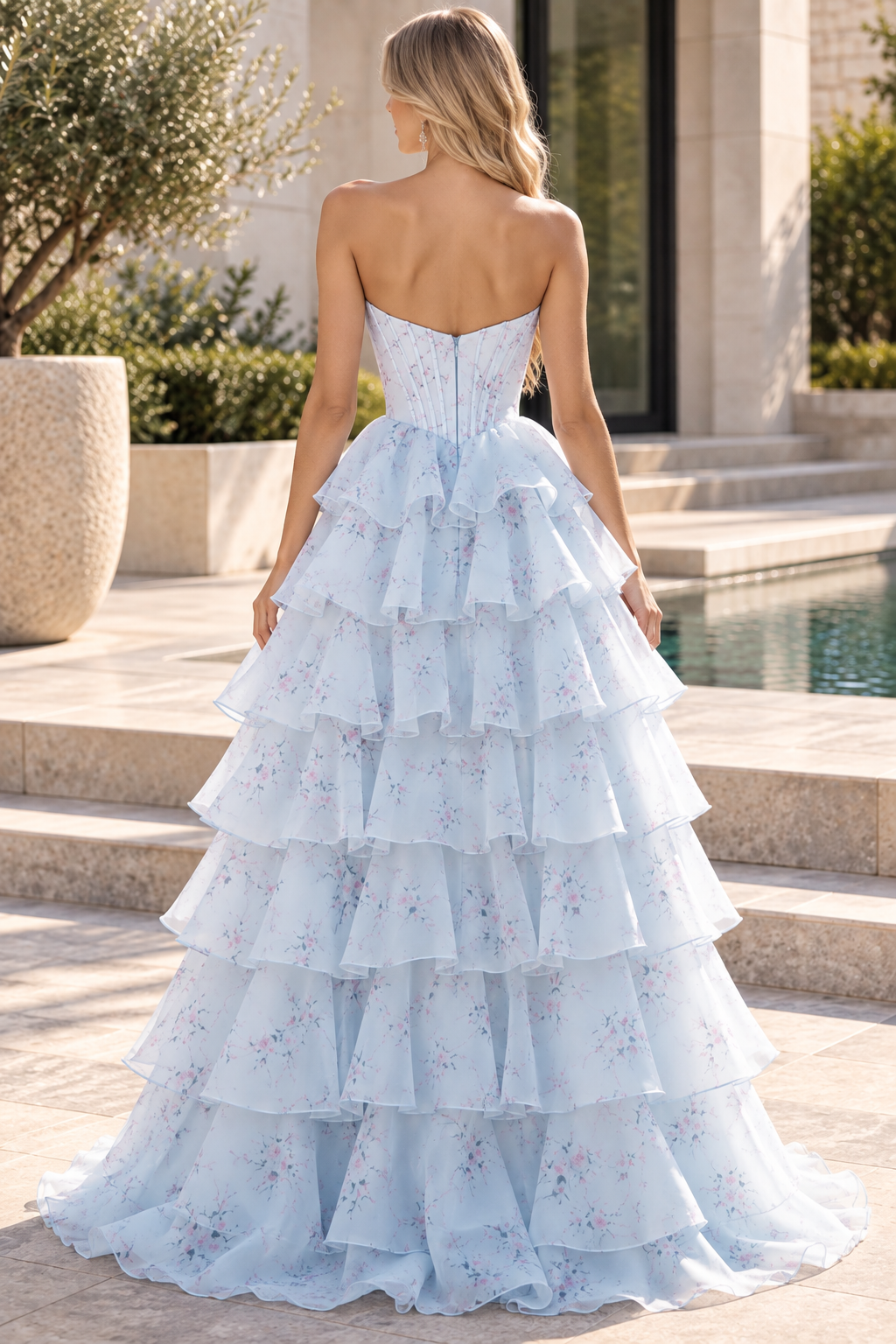 Blue A-Line Strapless Print Tiered Chiffon Long Prom Dress with Slit
