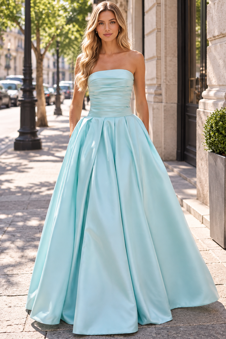 Blue A-Line Strapless Scoop Neck Satin Long Prom Dress