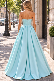 Blue A-Line Strapless Scoop Neck Satin Long Prom Dress