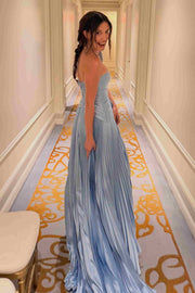 Blue A-Line Strapless Sweetheart Pleated Sleeveless Long Prom Dress
