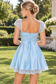 Blue A-Line Straps Pleats Scoop Neck Short Homecoming Mini Dress with Lace