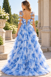 Blue A-Line Straps Printing Tiered Ruffles Prom Dress with Slit