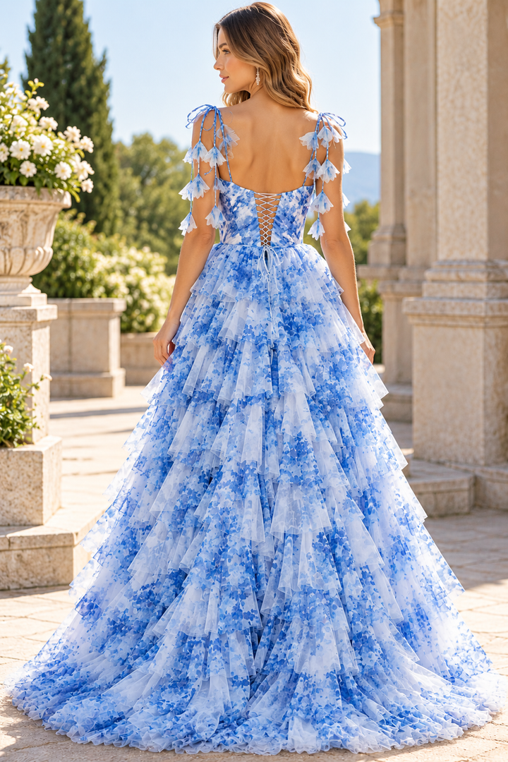Blue A-Line Straps Printing Tiered Ruffles Prom Dress with Slit
