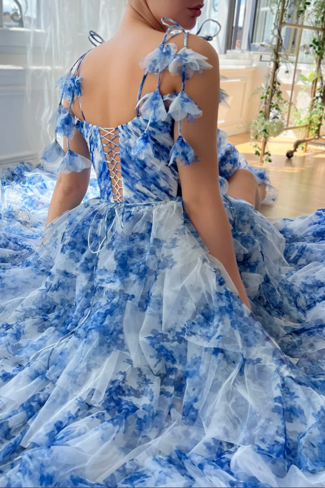 Blue A-Line Straps Printing Tiered Ruffles Prom Dress with Slit
