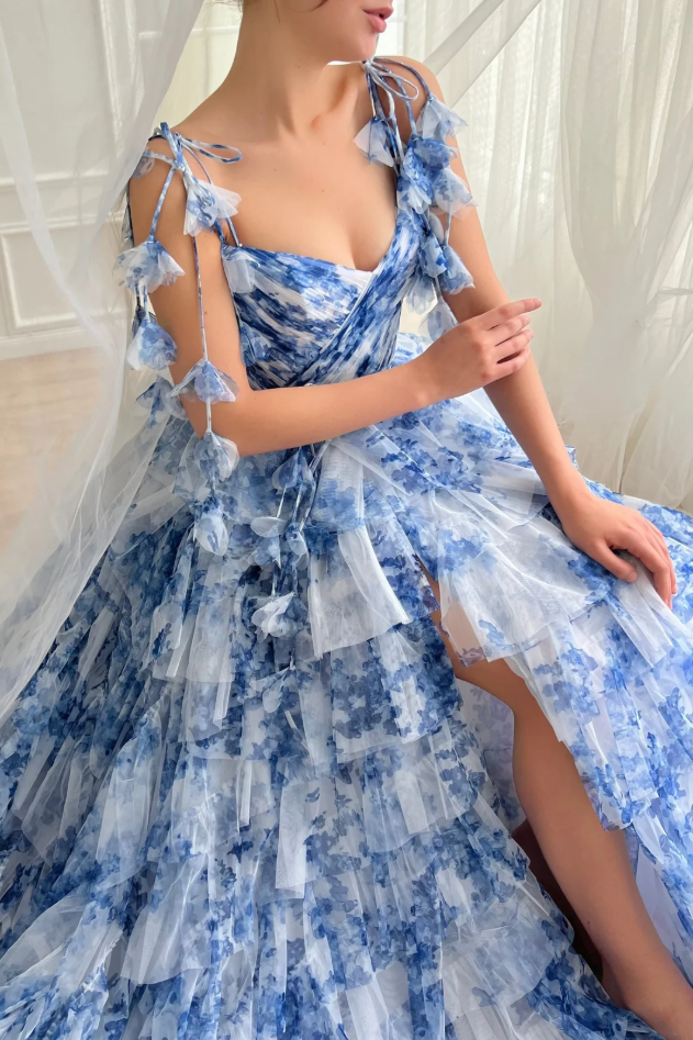 Blue A-Line Straps Printing Tiered Ruffles Prom Dress with Slit