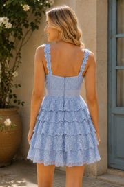 Blue A-Line Tiered Sequins Straps Flower Short Homecoming Dress