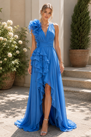 Blue A-Line V-Neck Empire-Waist Chiffon Ruffles Prom Evening Dress