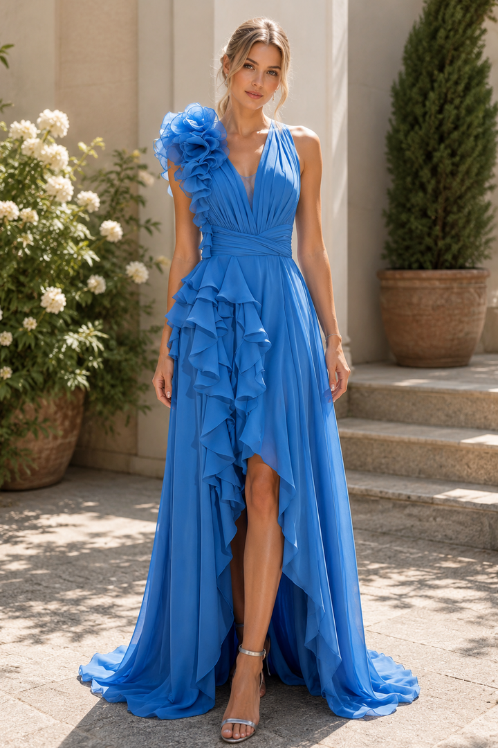 Blue A-Line V-Neck Empire-Waist Chiffon Ruffles Prom Evening Dress