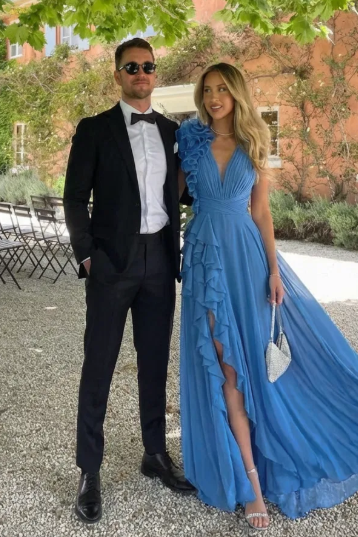 Blue A-Line V-Neck Empire-Waist Chiffon Ruffles Prom Evening Dress