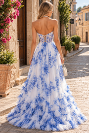 Blue Halter V-Neck A-Line Print High Slit Long Prom Dress with Pearls