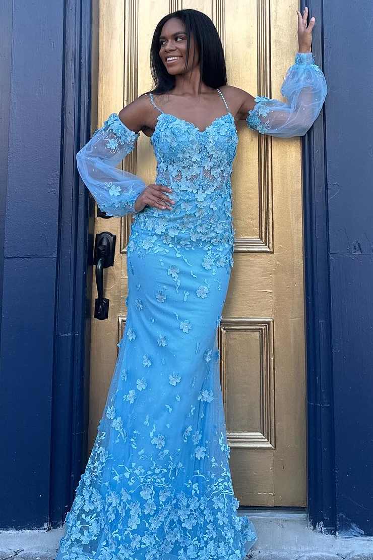 Mermaid Blue Spaghetti Straps Lace Appliques Long Prom Dress with Sleeves