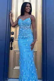 Mermaid Blue Spaghetti Straps Lace Appliques Long Prom Dress with Sleeves