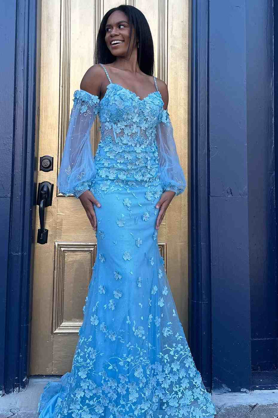 Mermaid Blue Spaghetti Straps Lace Appliques Long Prom Dress with Sleeves