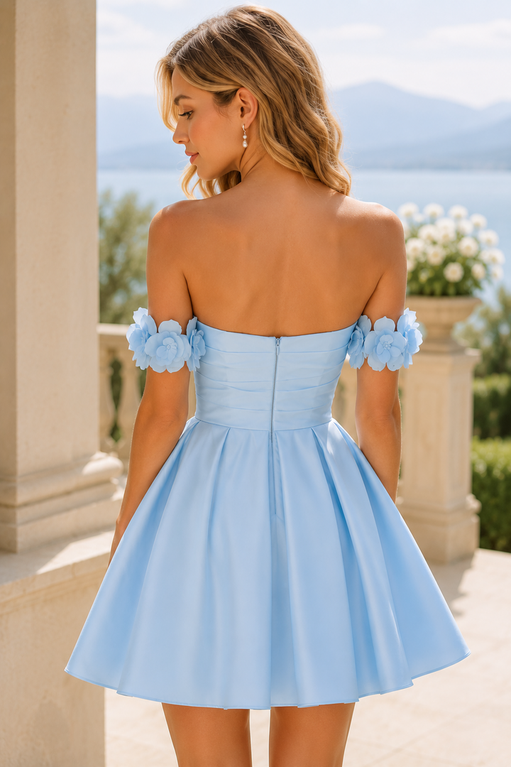Blue Off-Shoulder A-Line Empire-Waist Pleats Satin Homecoming Dress