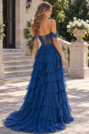 Blue Off-Shoulder A-Line Sweetheart Tiered Chiffon Long Prom Dress with Beads