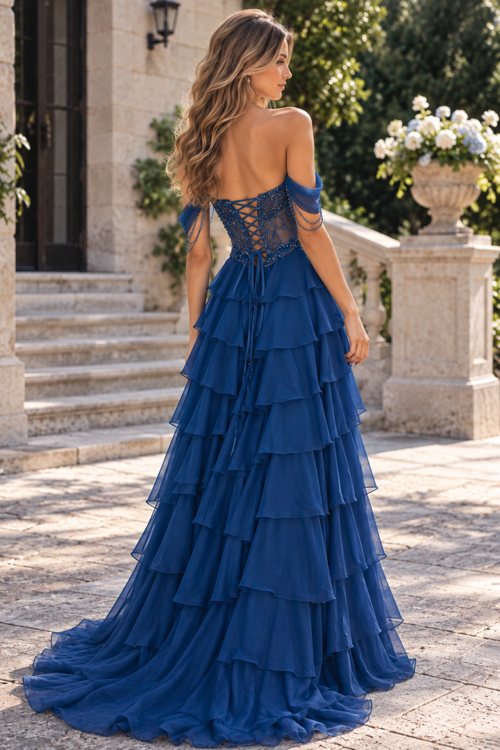 Blue Off-Shoulder A-Line Sweetheart Tiered Chiffon Long Prom Dress with Beads
