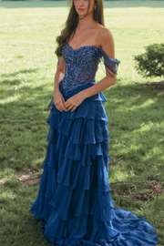 Blue Off-Shoulder A-Line Sweetheart Tiered Chiffon Long Prom Dress with Beads