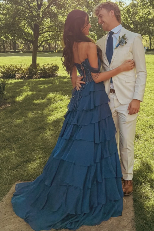 Blue Off-Shoulder A-Line Sweetheart Tiered Chiffon Long Prom Dress with Beads
