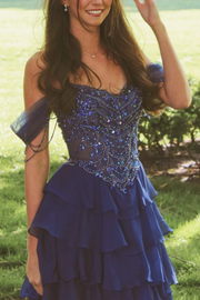 Blue Off-Shoulder A-Line Sweetheart Tiered Chiffon Long Prom Dress with Beads