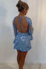 Blue Scoop Neck Long Sleeves A-Line Appliques Homecoming Dress