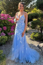 Blue Spaghetti Straps V-Neck Lace Appliques Mermaid Long Prom Dress