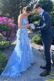 Blue Spaghetti Straps V-Neck Lace Appliques Mermaid Long Prom Dress