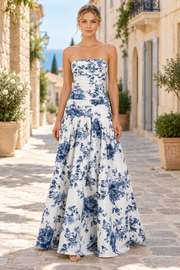 Blue Strapless A-Line Floral Print Empire-Waist Long Prom Dress