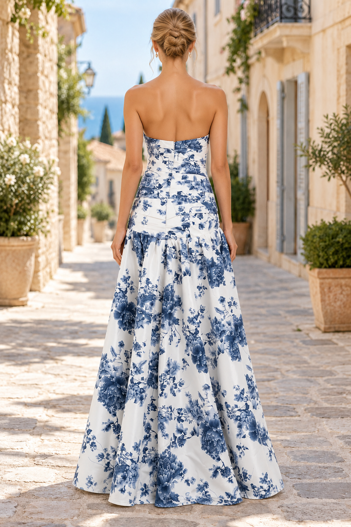 Blue Strapless A-Line Floral Print Empire-Waist Long Prom Dress