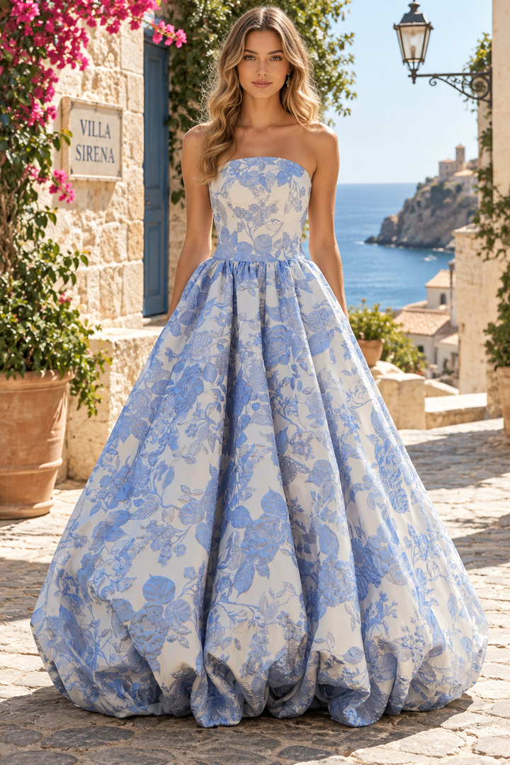 Blue Strapless A-Line Scoop Neck Jacquard Bubble Long Prom Dress