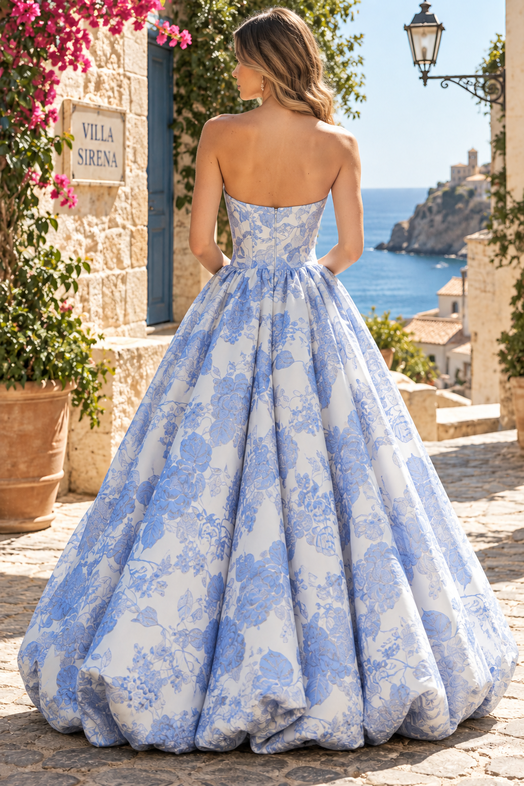 Blue Strapless A-Line Scoop Neck Jacquard Bubble Long Prom Dress